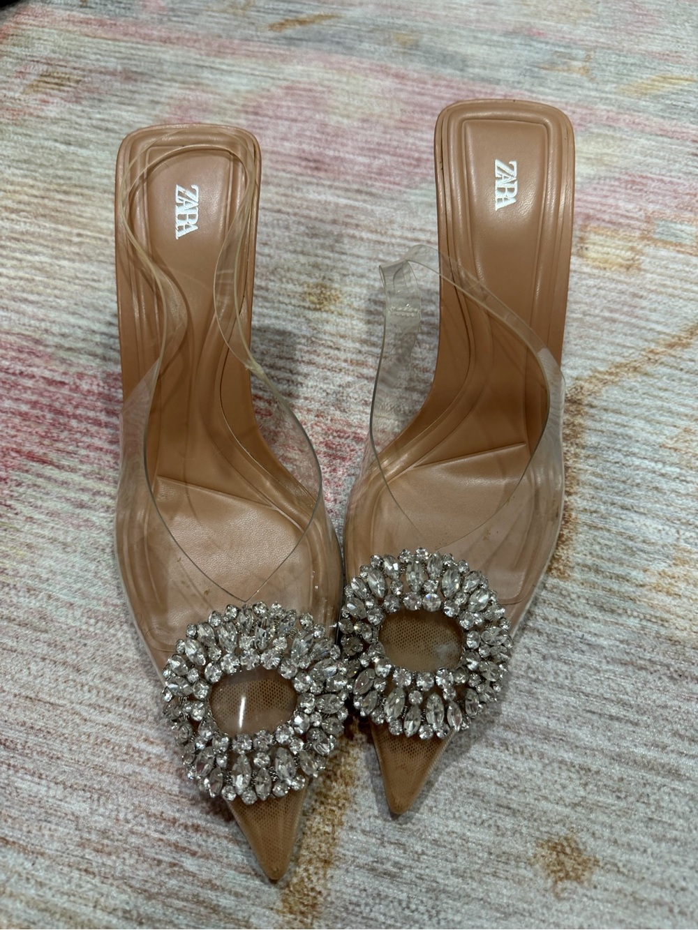ZARA Clear Mule with Tan Insole and Crystal Circular Brooch